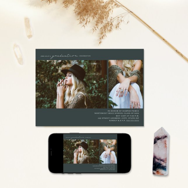 Line Art 2 Photo Emerald Graduation Party  Invitation (Creator Uploaded)