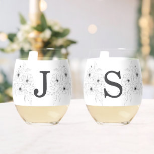 Line Art Anemone on White Stemless Wedding Glasses