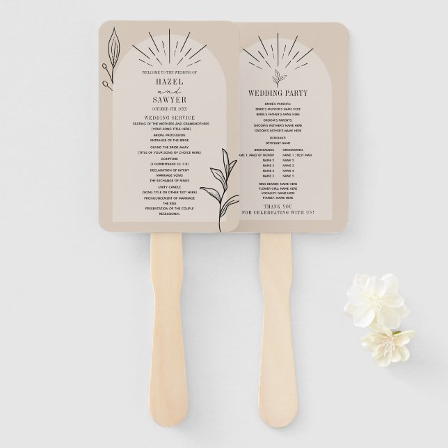 Line Art Arch Tan Botanical Wedding Program Hand Fan (Front and Back)