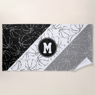 line art basketballs pattern on grey white black beach towel
