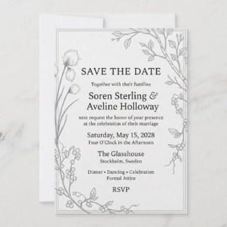Line Art Birch Branches, Wild Berries, Cotton Gras Invitation