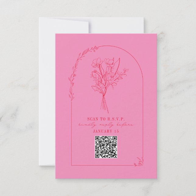 Line Art Bouquet Arch Pink Red Wedding QR RSVP Card (Front)