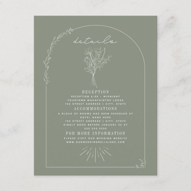 Line Art Bouquet Sage Green Wedding Details Enclosure Card (Front)
