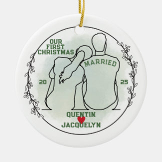 Line Art Couple First Christmas Married Ceramic Ornament