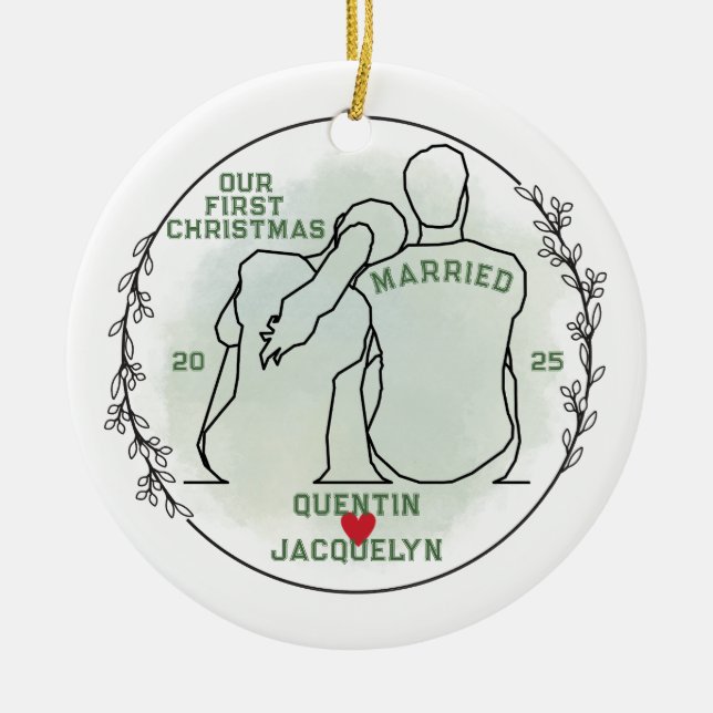 Line Art Couple First Christmas Married Ceramic Ornament (Front)