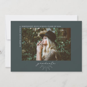 Line Art Dark Emerald Graduation Horizontal Photo Announcement