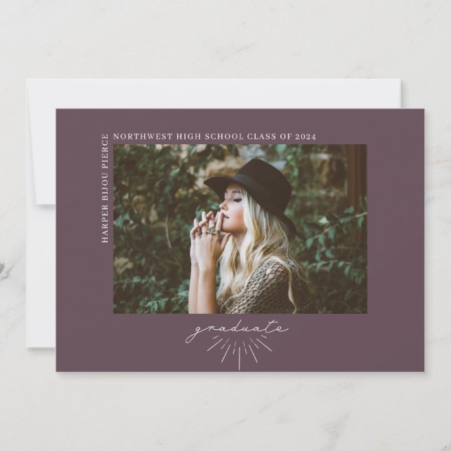 Line Art Dark Purple Graduation Horizontal Photo Announcement (Front)