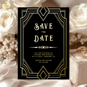 Line Art Deco Black Gold Wedding Save the Date