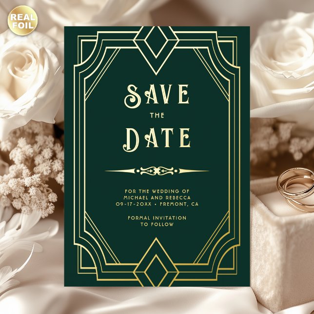 Line Art Deco Emerald Gold Wedding Save the Date (Creator Uploaded)