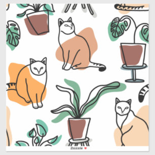 Line art drawing cats and flowers