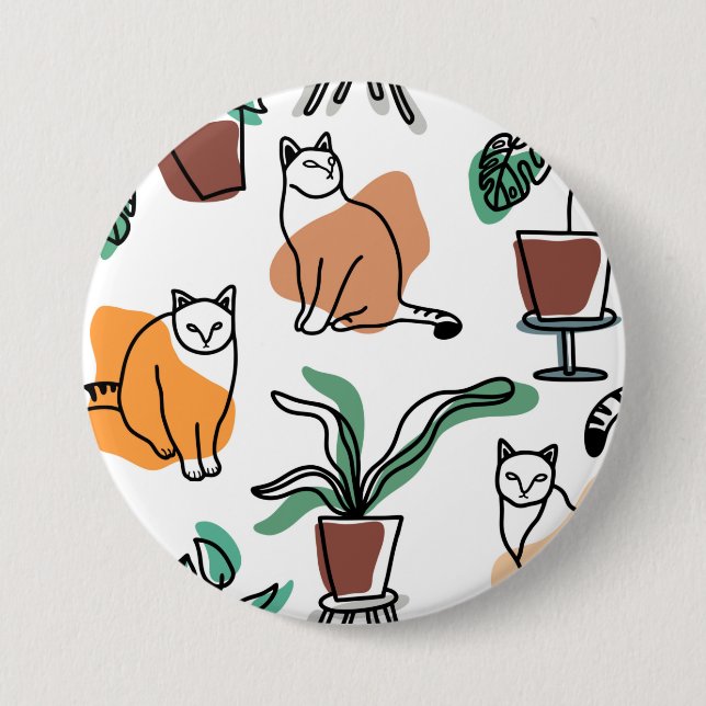 Line art drawing cats and flowers 3 inch round button (Front)