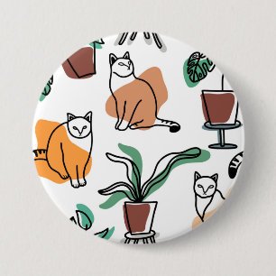 Line art drawing cats and flowers 3 inch round button