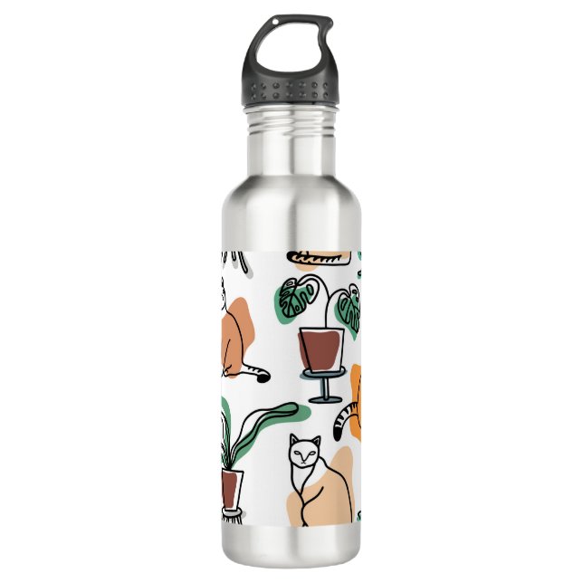Line art drawing cats and flowers 710 ml water bottle (Front)