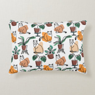 Line art drawing cats and flowers accent pillow