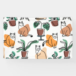 Line art drawing cats and flowers banner