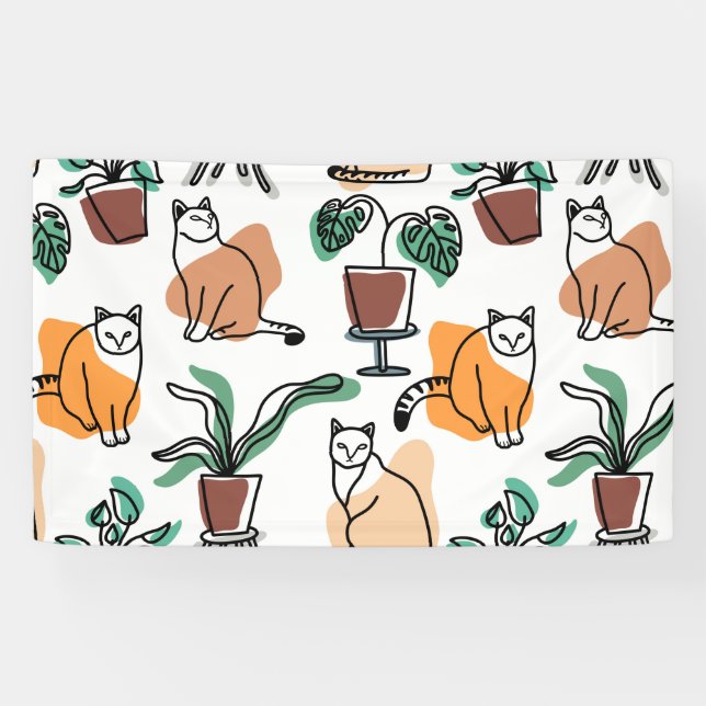 Line art drawing cats and flowers banner (Horizontal)