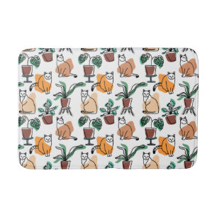 Line art drawing cats and flowers bath mat