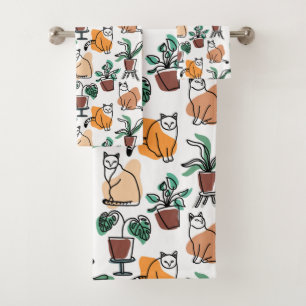 Line art drawing cats and flowers bath towel set