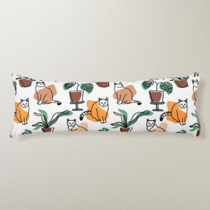 Line art drawing cats and flowers body pillow