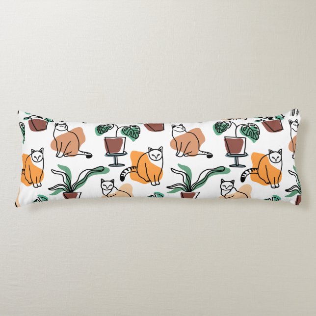 Line art drawing cats and flowers body pillow (Front)