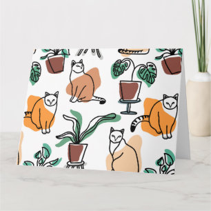 Line art drawing cats and flowers card