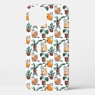 Line art drawing cats and flowers iPhone 12 case