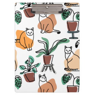 Line art drawing cats and flowers clipboard