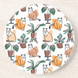 Line art drawing cats and flowers coaster