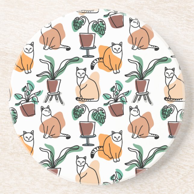 Line art drawing cats and flowers coaster (Front)