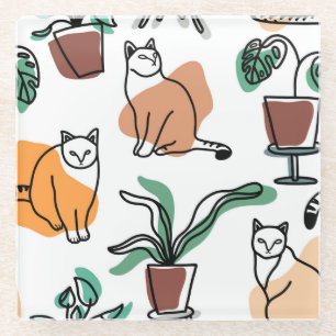 Line art drawing cats and flowers glass coaster