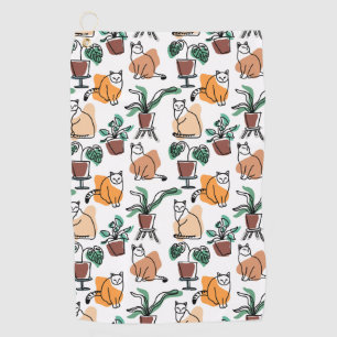 Line art drawing cats and flowers golf towel