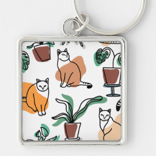Line art drawing cats and flowers keychain