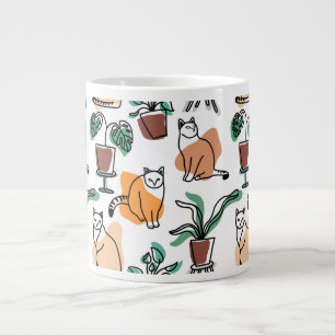 Line art drawing cats and flowers large coffee mug