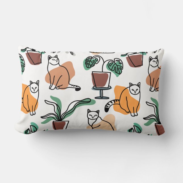Line art drawing cats and flowers lumbar pillow (Front)