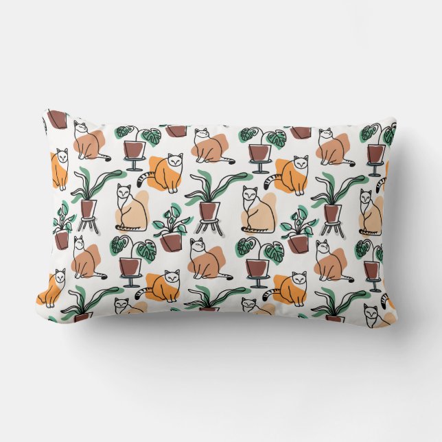 Line art drawing cats and flowers lumbar pillow (Front)