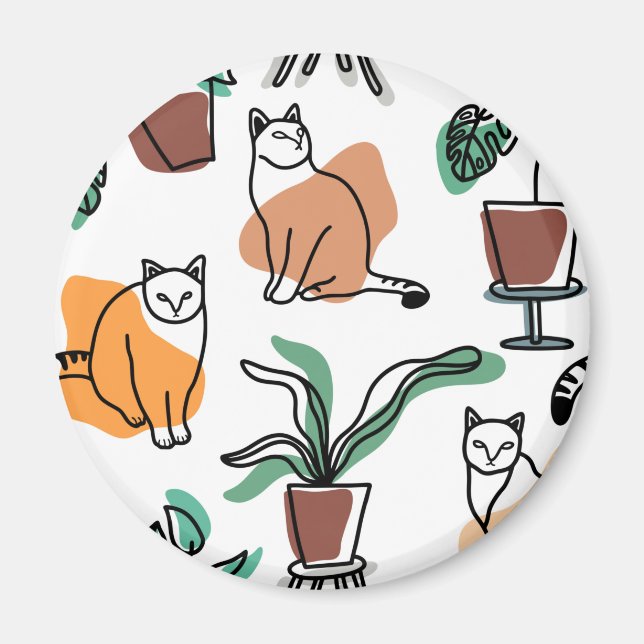 Line art drawing cats and flowers magnet (Front)