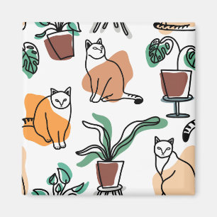 Line art drawing cats and flowers magnet