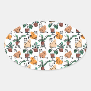 Line art drawing cats and flowers oval sticker