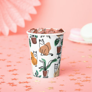 Line art drawing cats and flowers paper cups