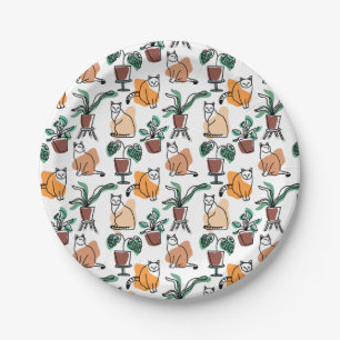 Line art drawing cats and flowers paper plate