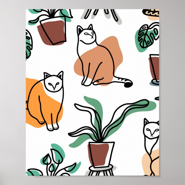 Line art drawing cats and flowers poster (Front)