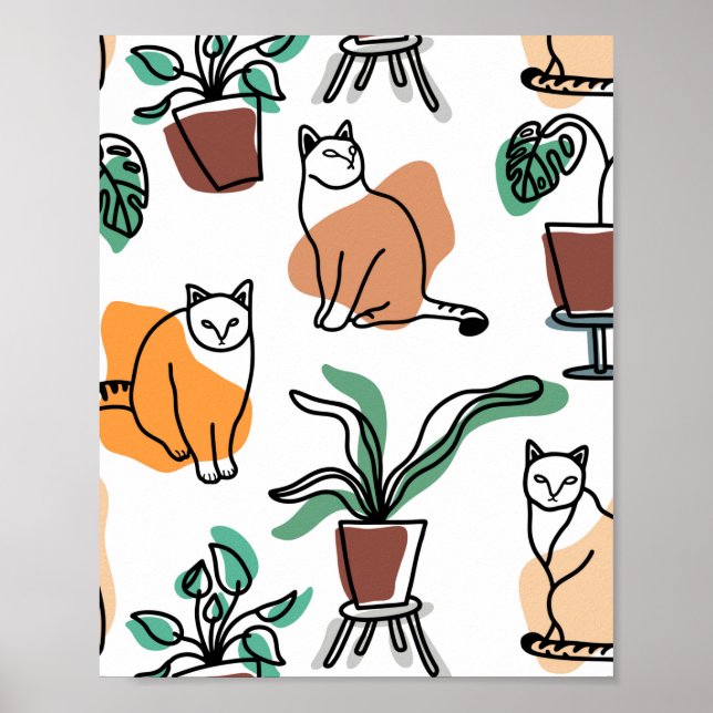 Line art drawing cats and flowers poster (Front)