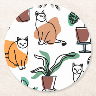 Line art drawing cats and flowers round paper coaster