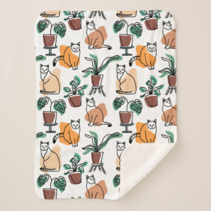 Line art drawing cats and flowers sherpa blanket