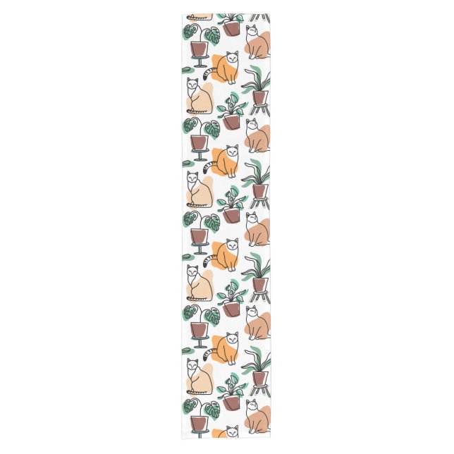 Line art drawing cats and flowers short table runner (Front)