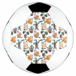 Line art drawing cats and flowers soccer ball