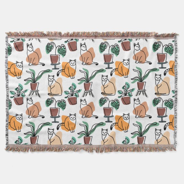 Line art drawing cats and flowers throw blanket (Front)