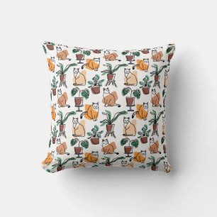 Line art drawing cats and flowers throw pillow