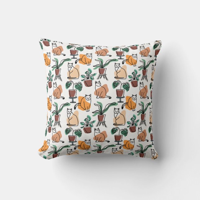 Line art drawing cats and flowers throw pillow (Front)