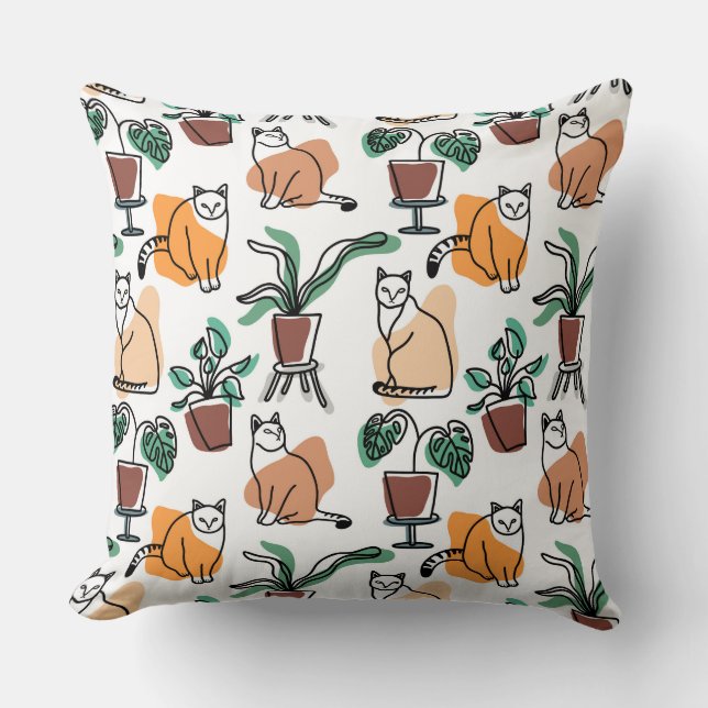 Line art drawing cats and flowers throw pillow (Front)